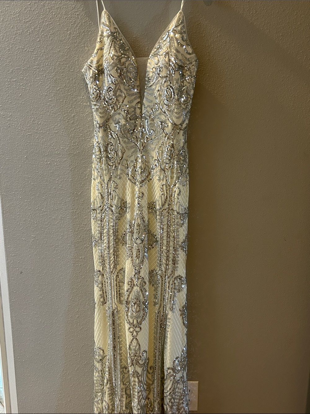 Betsy & Adam Cream and Silver Sequin Embellished Spaghetti Strap Gown